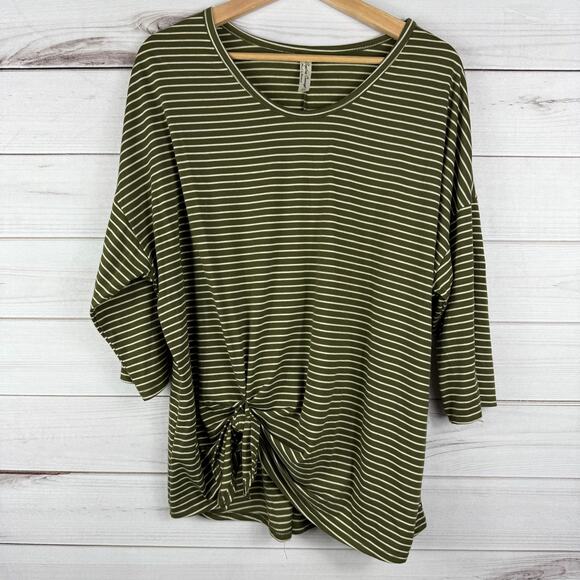 Per Seption Concept Women's Green White Striped Quarter Sleeve Tie Knot Top XL - Picture 2 of 7